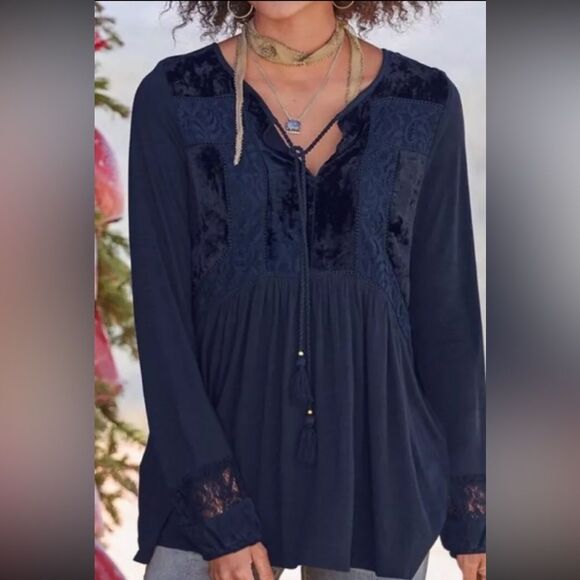 Sundance Cyrena velvet lace jersey top navy blue med boho CATALOG long sleeve - Picture 1 of 11